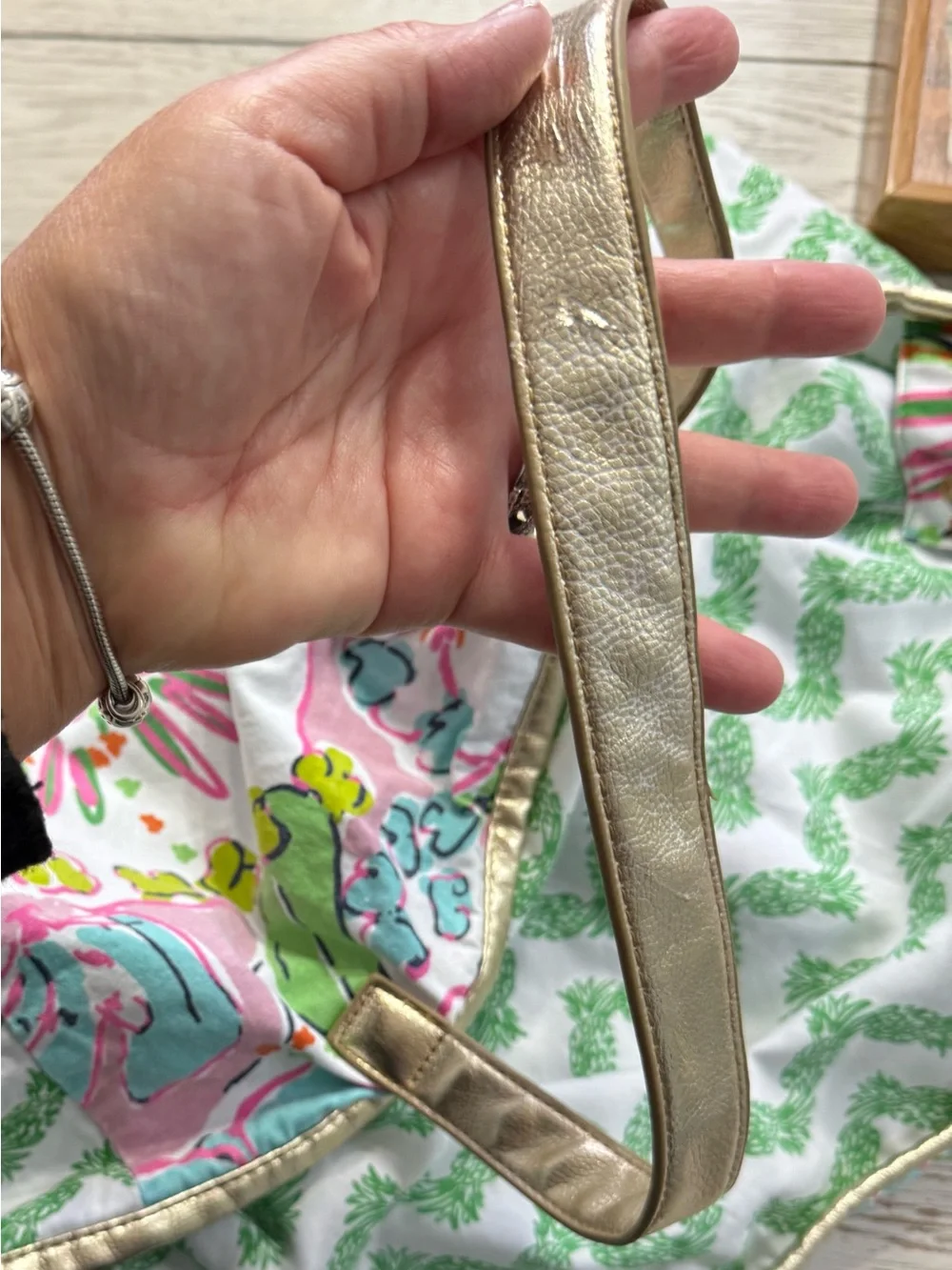 Lilly Pulitzer large Multicolor Floral & Green Chevron Tote Bag Gold Handles